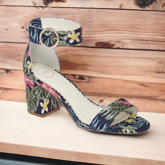 1901 Ellery Sandal Heels in Navy Hawaii Tropical Print Size 12M - Picture 1 of 11